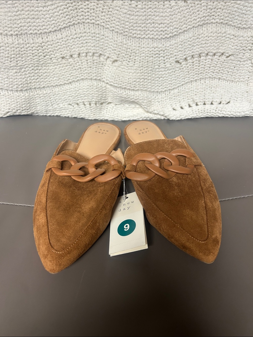 Brown Suede Chain-Link Pointed Toe Mules